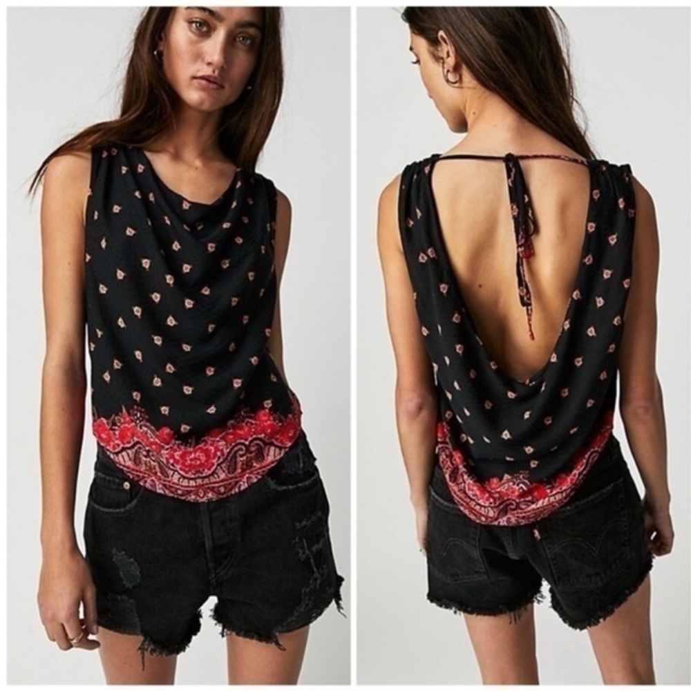NWOT FREE PEOPLE Silas Printed Cowlneck Top / Black Combo